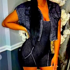 Black Denim Vest and Striped Romper